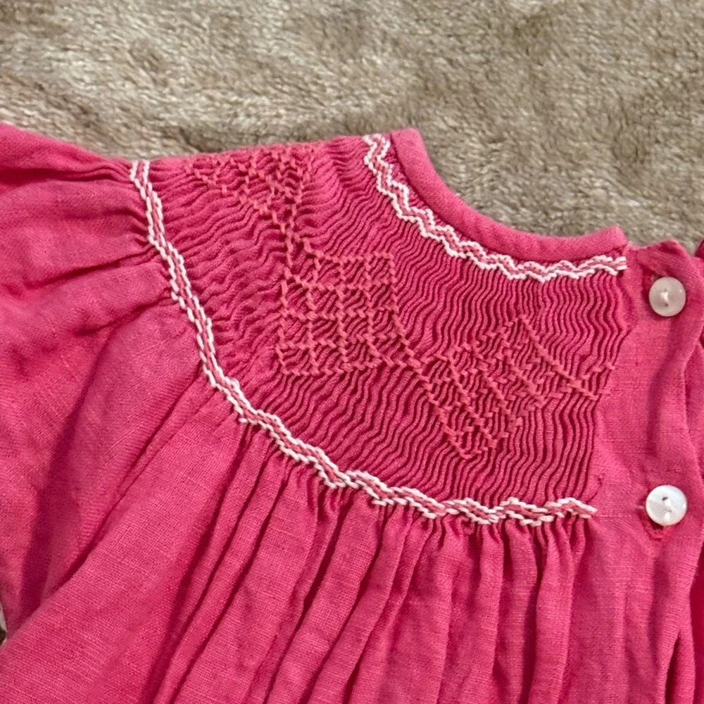 Anavini Girls Pink Hand Smocked Linen Dress Floral Flutter Sleeve Size 5